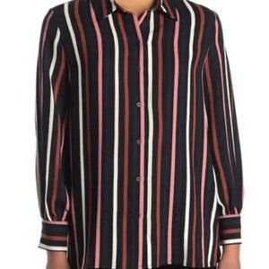 Halogen Womens Button Up Blouse Black Muticolor Stripe Long Sleeve Size Medium